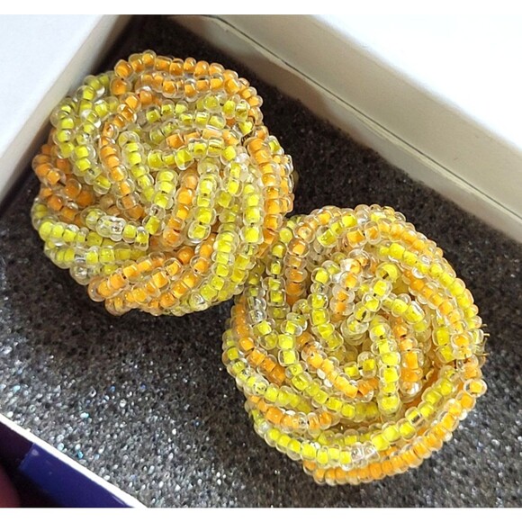 Vintage Glass Seed Beads Two Toned Golden Handmade Love Knot Clip-On Earrings - Picture 1 of 10